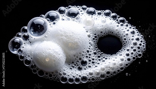 A macro photograph of white soap suds and bubbles forming an abstract shape on a black background.