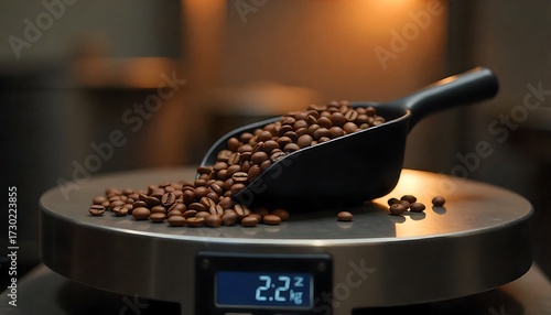 Freshly roasted coffee beans measured precisely on a digital scale, ready for brewing a perfect morning cup.