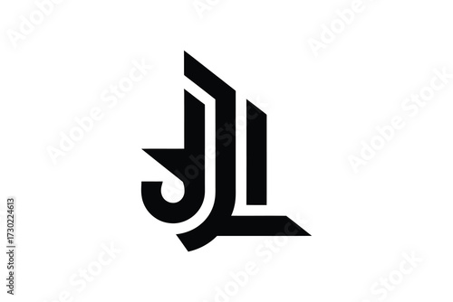 A stylized black logo with geometric shapes on a white background design