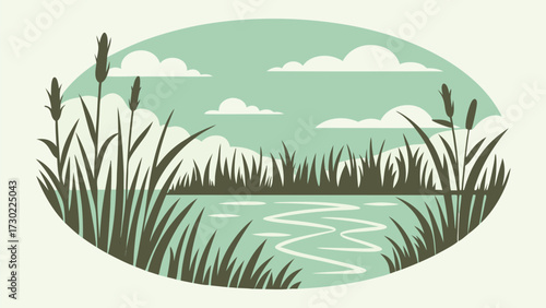Serene pond landscape displays tall grass, calm water, and fluffy clouds in an oval