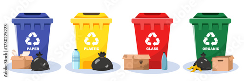 Four colorful recycling bins labeled paper, plastic, glass, and organic with matching waste types in flat style on a white background. Eco concept. Vector illustration