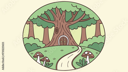 Cartoon tree with a fairy door nestled in a lush, round forest scene