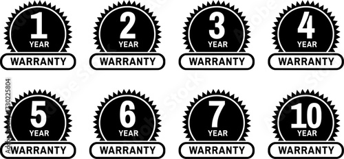 Circular black warranty badge icons. Guarantee labels for 1 to 10 years. Vector isolated on white background.