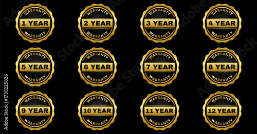 Gold warranty badge icon set. 1 to 12 years guarantee labels for premium product certification. Vector isolated on black background.