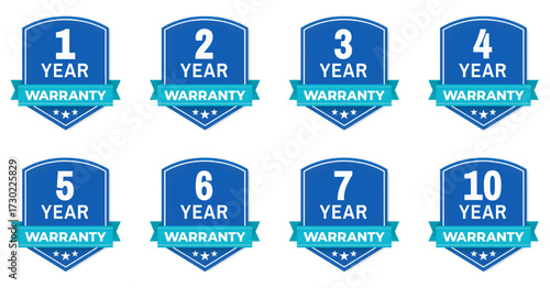 Blue warranty badge collection. 1 to 10 years warranty guarantee labels. Vector isolated on white background.
