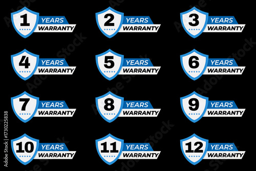 Blue shield warranty badge icon set. Guarantee labels for 1 to 12 years. Vector isolated on black background.
