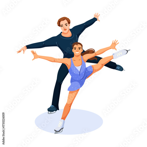 Man and woman figure skating in costume on white background, performing synchronized dance pose, concept of artistic ice skating. Vector illustration