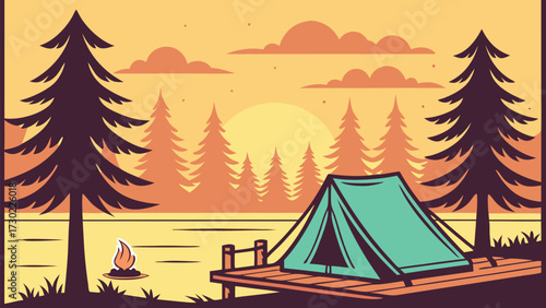 A teal tent sits peacefully on a wooden dock under a colorful sky