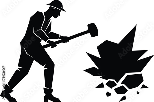 powerful miner using jackhammer to break rock silhouette vector