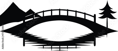 Serene Landscape Bridge, Water Reflection, Minimalist Zen Art silhouette vector illustration