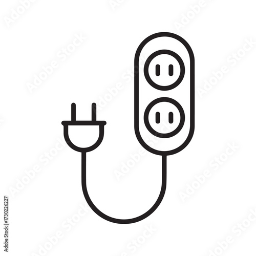 Power strip icon. Simple line art illustration of an electrical extension cord with a plug and multiple sockets, isolated on a white background.
