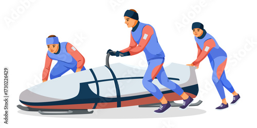 Three athletes in winter sportswear push a bobsled on a white background, representing teamwork and competition in winter sports. Vector illustration