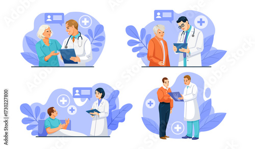 Doctors and patients interacting in hospital scenes, flat cartoon style on abstract background, concept of healthcare and medical consultation. Vector illustration