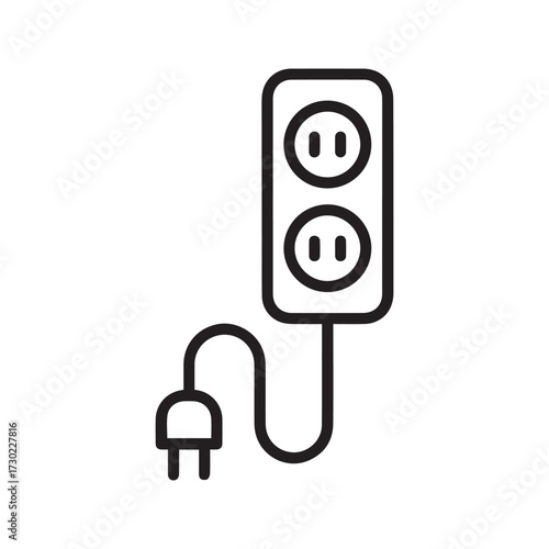 Power strip icon. Simple line art illustration of an electrical extension cord with a plug and multiple sockets, isolated on a white background.
