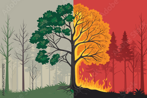 A stark contrast between a lush forest and a raging wildfire.