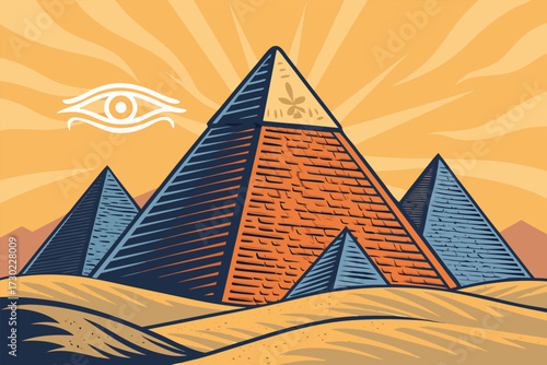 Stylized Egyptian pyramids under a sunburst sky with a prominent eye symbol.