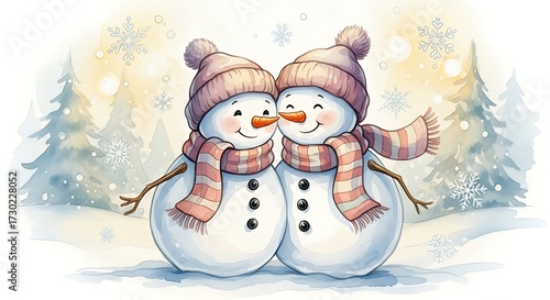 A gentle watercolor painting of two smiling snowmen wearing colorful scarves and hats, standing closely together on a snowy landscape