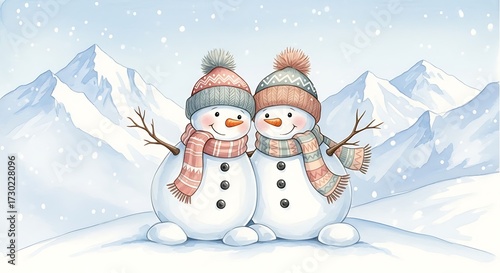 A gentle watercolor painting of two smiling snowmen wearing colorful scarves and hats, standing closely together on a snowy landscape