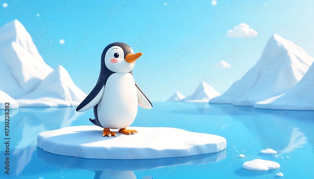 Obraz premium Adorable cartoon penguin stands on icy floe in serene arctic landscape, perfect for children's stories and whimsical designs.