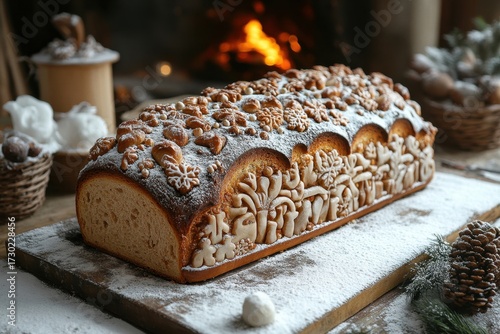 Loaf of bread topped with nuts on cutting board.