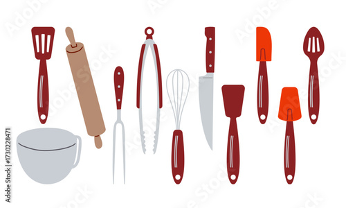 Kitchen utensils set. Various kitchen tools of cook. Spatulas and tongs for frying, dough whisk, knife, rolling pin. Kitchen appliance for baking and other dishes. Flat vector illustration on white.