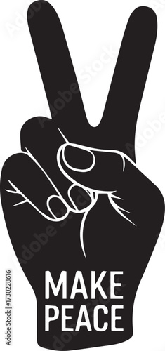 Black Silhouette of a Hand Making a Peace Sign with the Words MAKEPEACE vector EPS