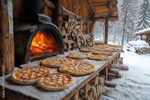 Pizzas baking in a busy pizza oven.