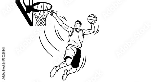 Dynamic basketball player soars toward the hoop in a powerful slam dunk motion, capturing the thrilling energy of the game on a clean white backdrop