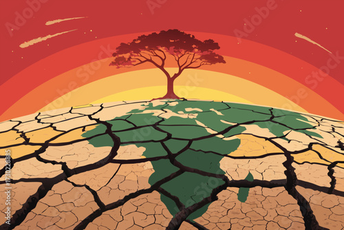 A barren, cracked Earth with a solitary tree against a sunset.
