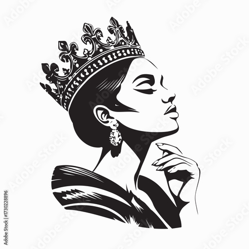 Elegant Queen Silhouette Wearing Crown Vector Isolated on White Background