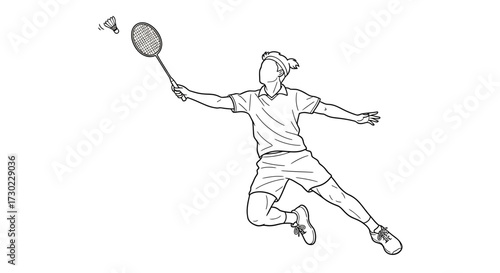 Dynamic badminton player leaping to smash shuttlecock with powerful swing in athletic pose, capturing intense competition and athletic prowess