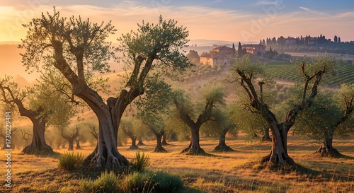 Olive Grove Landscape at Sunrise in Spain.