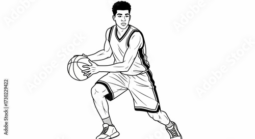 Dynamic young basketball player dribbling with intense focus, capturing athletic prowess and competitive spirit on the court.