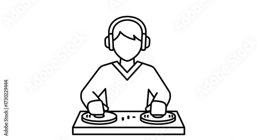 Cool DJ spinning music on turntables with headphones, creating energetic vibes and setting the mood for a party or event with a modern outline style