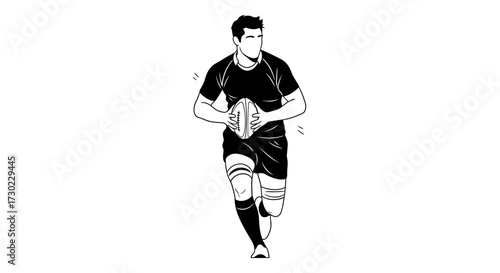 Dynamic rugby player charging forward with the ball in hand, ready to score, showcasing athleticism and determination on the field in a minimalist style