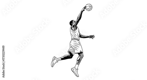 Dynamic b-ball player soars high, poised to slam dunk with power and grace in this action-packed sporting moment for basketball fans everywhere