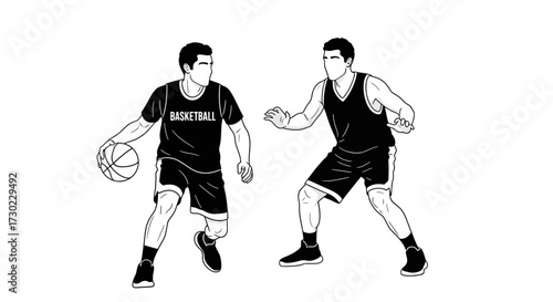 Dynamic duotone illustration showcasing two basketball players in action, dribbling and defending on a clean, minimalist backdrop for graphic projects