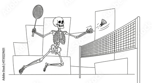 Whimsical skeleton playing badminton with energetic style and a cool vibe, perfect for Halloween designs or unique fitness campaigns this spooky season