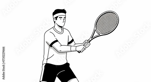 Tennis player ready to serve in a modern, minimalist style, perfect for sports brand campaigns and health promotions, showcasing fitness and athleticism