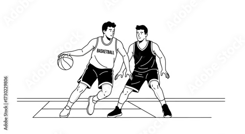 Dynamic basketball players in action on court, showcasing competitive spirit and athletic movement with intense focus and teamwork