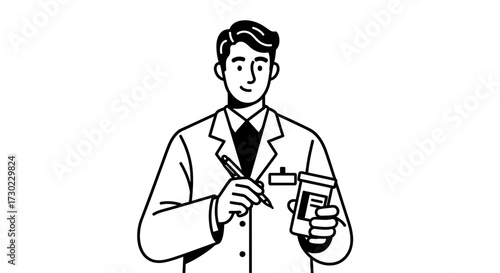Professional pharmacist confidently holding prescription bottle and pen ready to assist with medication and health advice