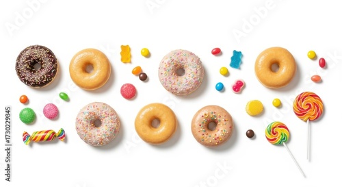Colorful assortment of donuts and candies against a clean white background