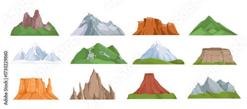 Collection of stylized mountain shapes with snow, grass, and rock in flat cartoon style on white background. Concept of geography and nature. Vector illustration