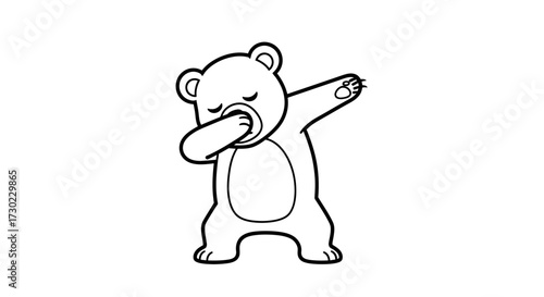 Joyful cartoon bear doing the dab dance move with closed eyes and a big smile, perfect for kids' designs and playful branding.