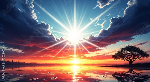 Bright sunlight streams through clouds during a vibrant lakeside sunset, reflecting beautifully on water