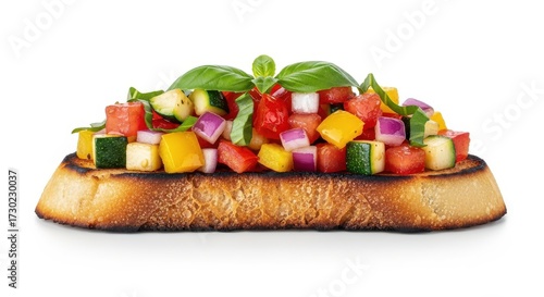 Colorful Bruschetta with fresh vegetables on toasted bread isolated