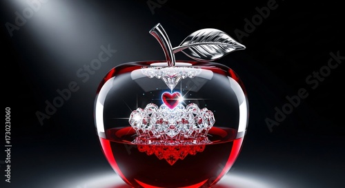 Crystal diamonds and red liquid fill a glassy apple with a metallic stem and leaf