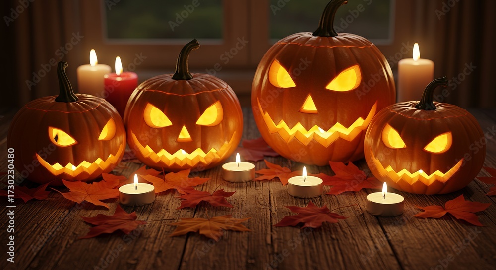 Fototapeta premium A Spooky Halloween Night with Glowing Jack-o'-Lanterns and Candles
