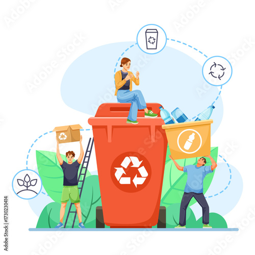 Group of young people recycling plastic and cardboard near large red recycle bin, cartoon style, on white background. Concept of waste management. Vector illustration