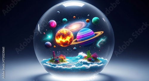 Planets and islands exist peacefully inside a glass dome showing galactic harmony and balance